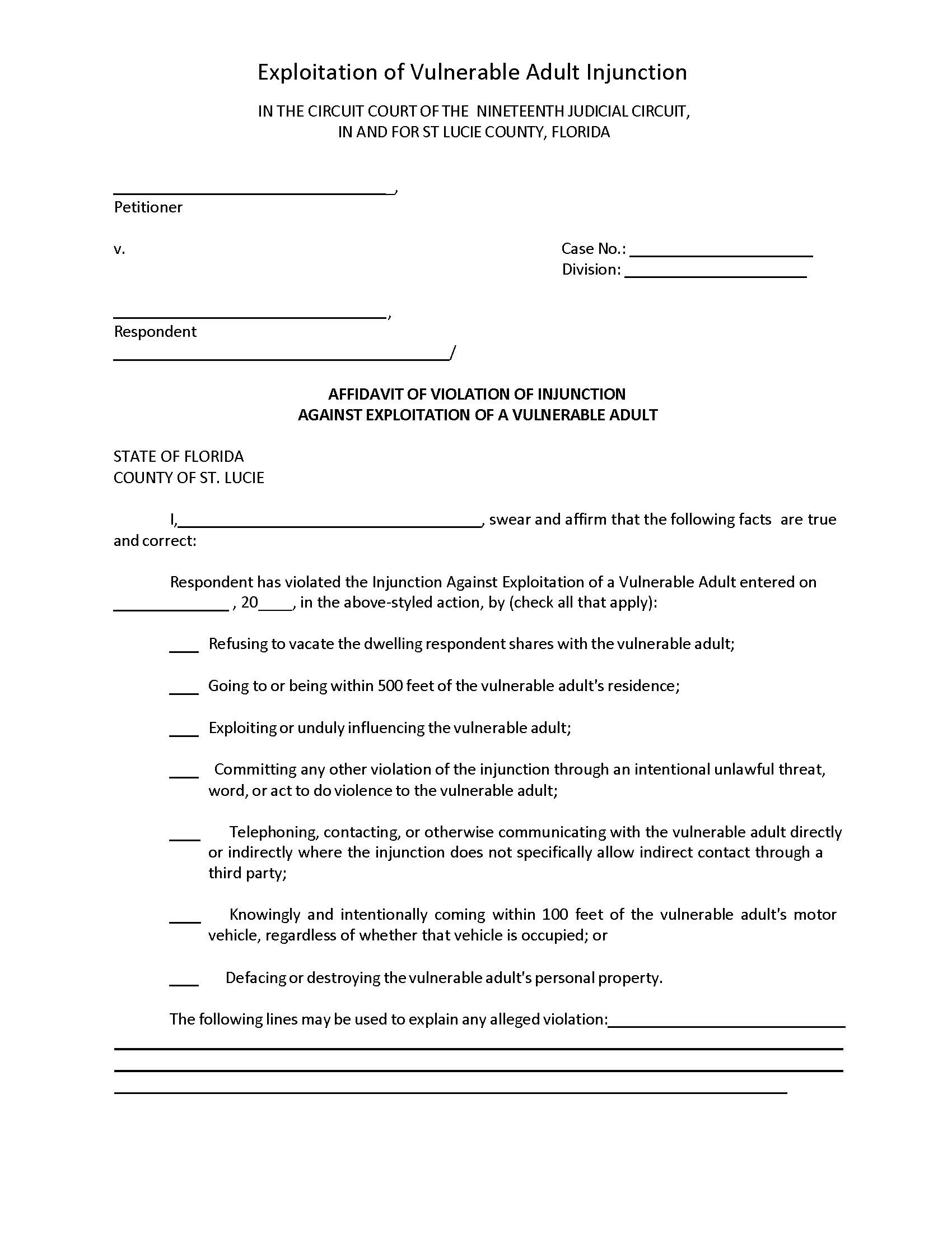 Affidavit Of Violation Of Injunction Against Exploitation Of Vulnerable Adult | Pdf Fpdf Docx | Florida