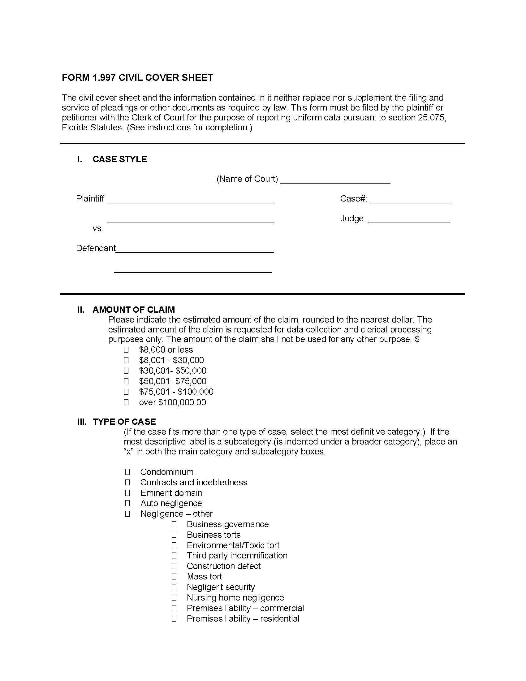 Civil Cover Sheet {StL-1.997} | Pdf Fpdf Docx | Florida