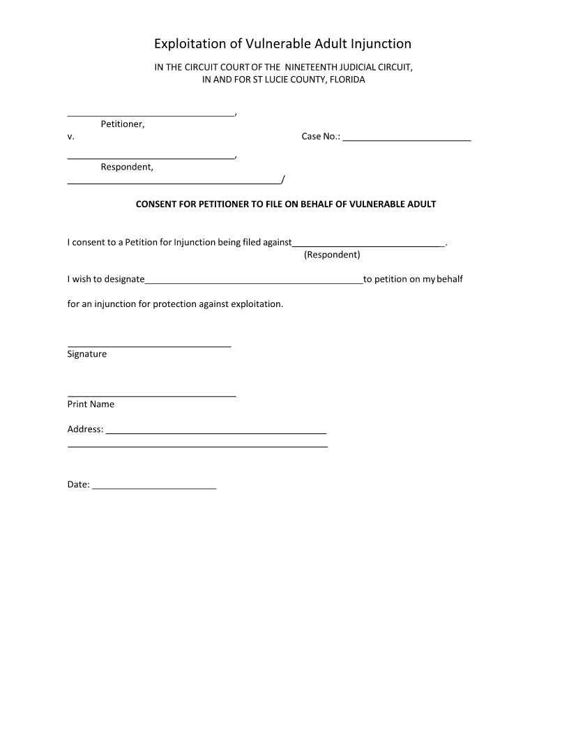 Consent For Petitioner To File On Behalf Of Vulnerable Adult | Pdf Fpdf Docx | Florida