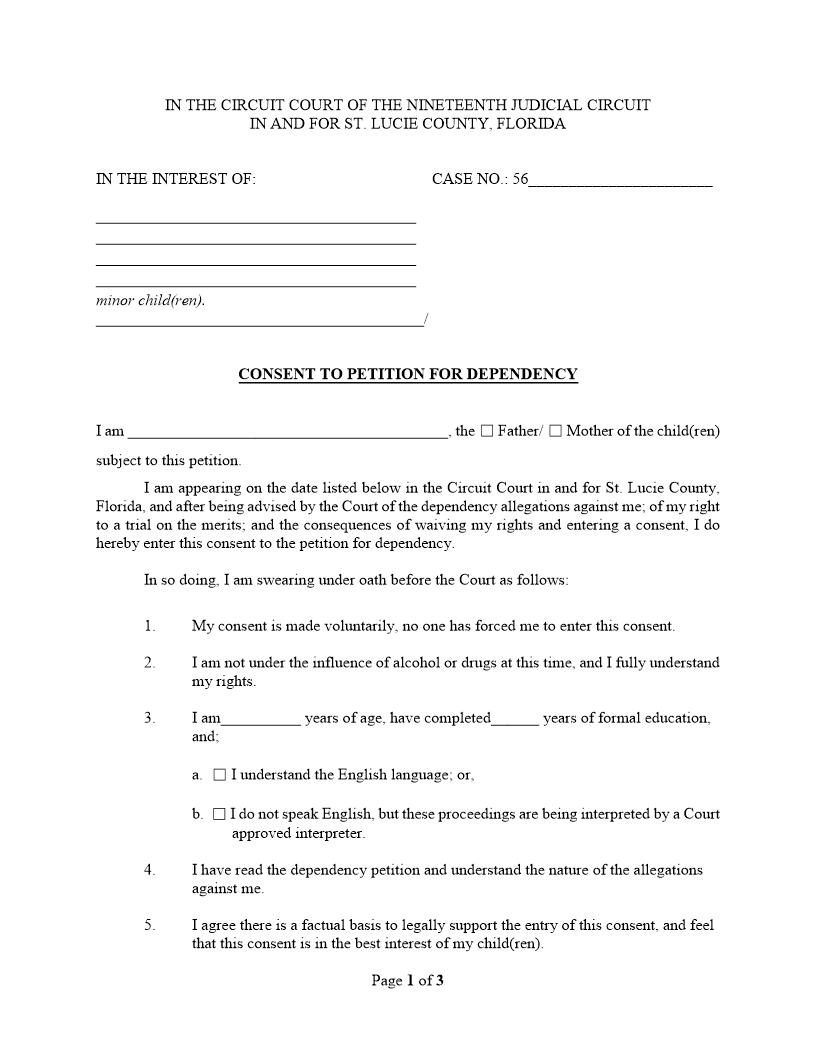 Consent To Petition For Dependency {StL CPD} | Pdf Fpdf Docx | Florida