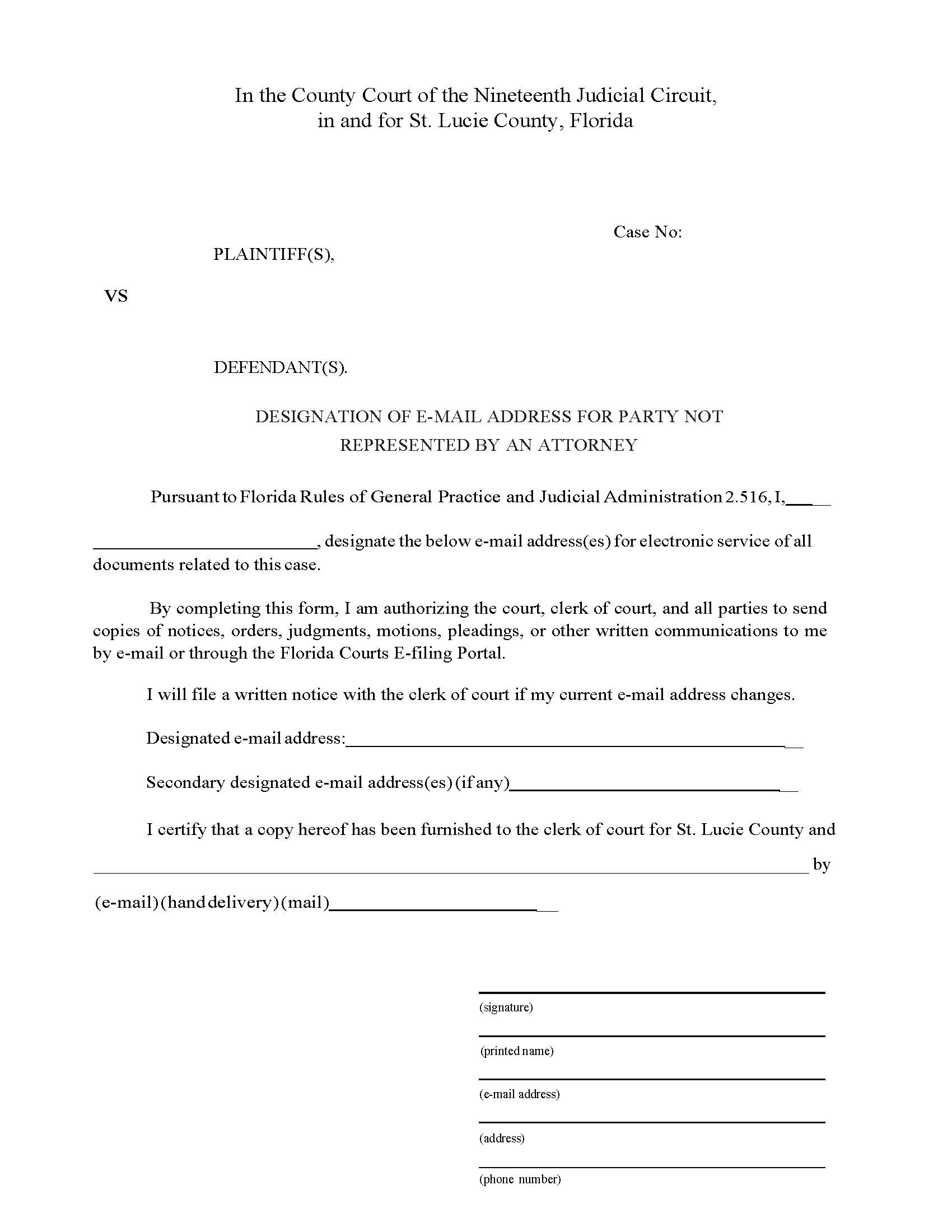 Designation Of E-Mail Address For Party Not Represented By Attorney | Pdf Fpdf Docx | Florida