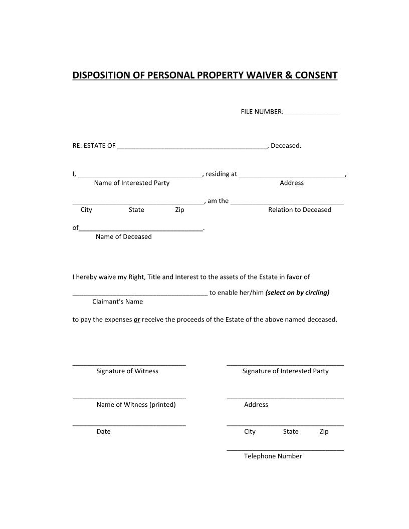 Disposition Of Personal Property Waiver And Consent | Pdf Fpdf Docx | Florida