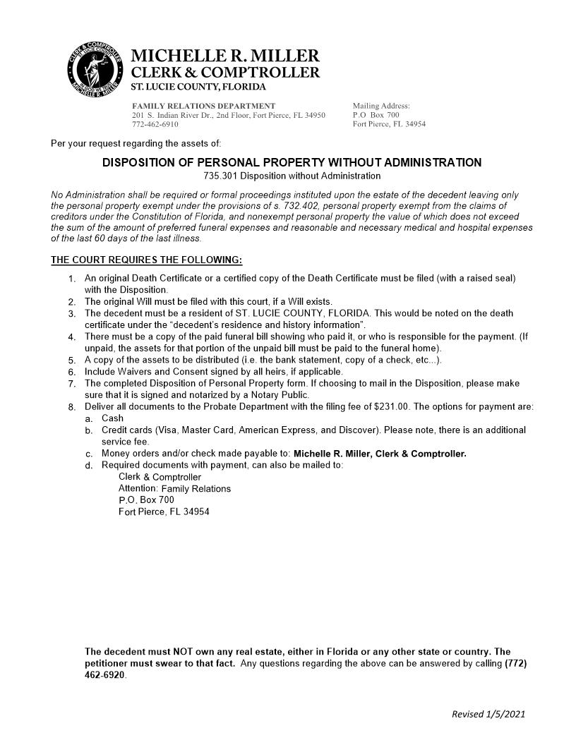 Disposition Of Personal Property Without Administration Verified Statement | Pdf Fpdf Docx | Florida