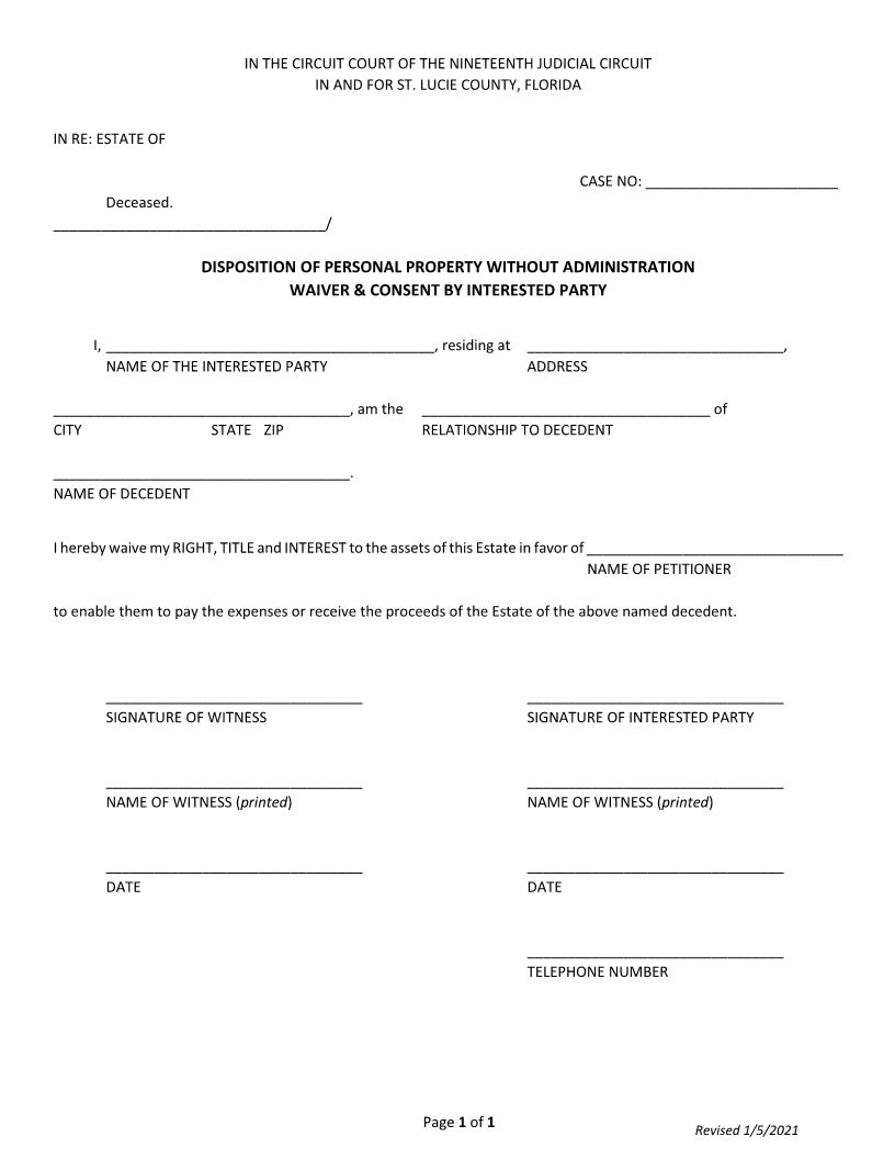 Disposition Of Personal Property Without Administration Waiver Consent Interested Party | Pdf Fpdf Docx | Florida