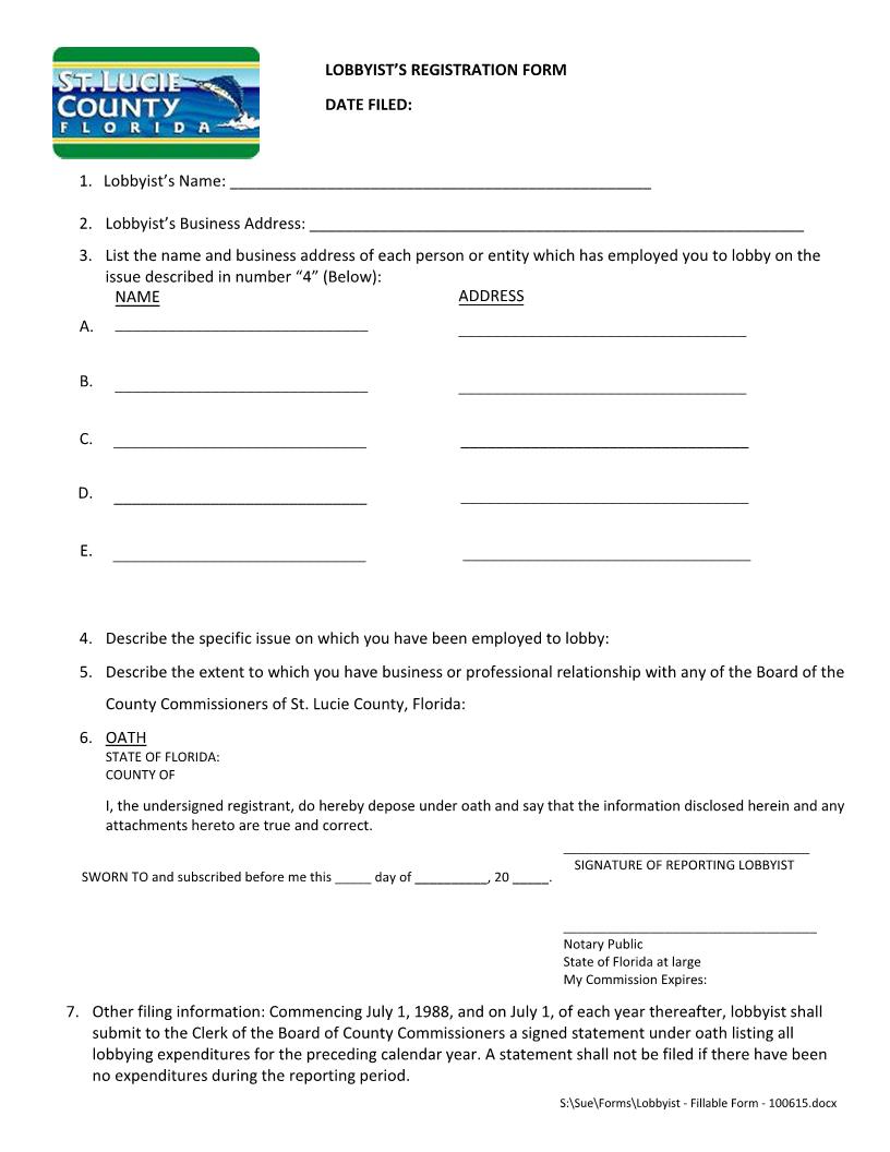 Lobbyists Registration Form | Pdf Fpdf Docx | Florida