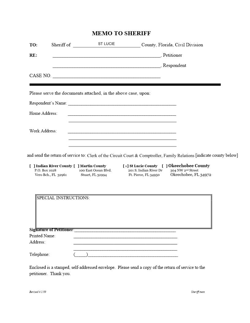 Memo To Sheriff (Family Law Document Service) | Pdf Fpdf Docx | Florida