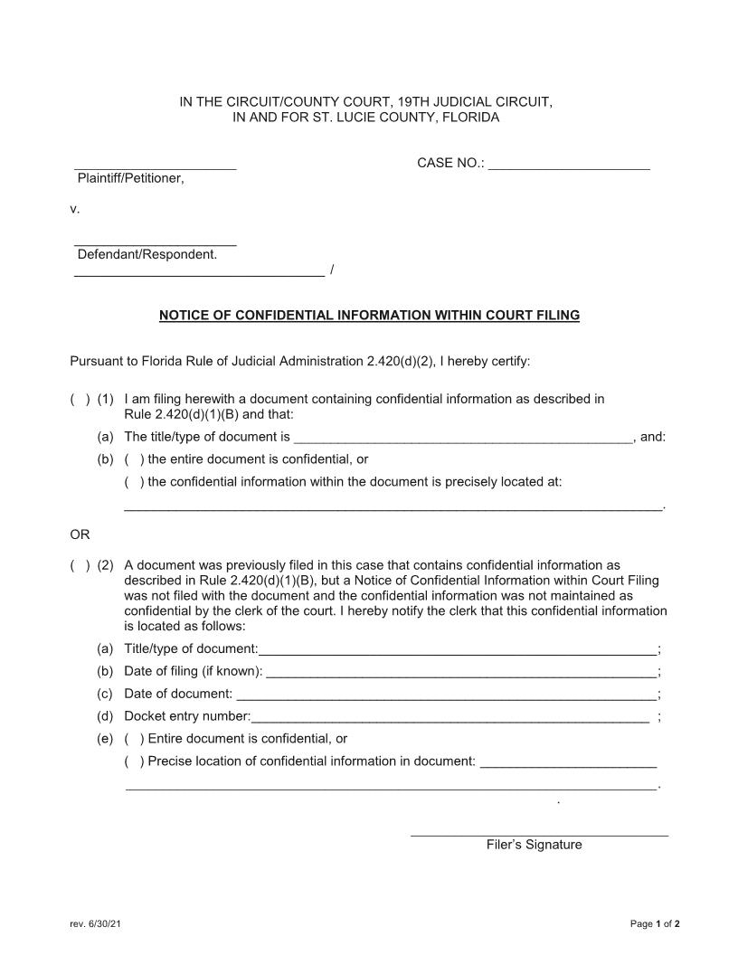 Notice Of Confidential Information WIthin Court Filing | Pdf Fpdf Docx | Florida