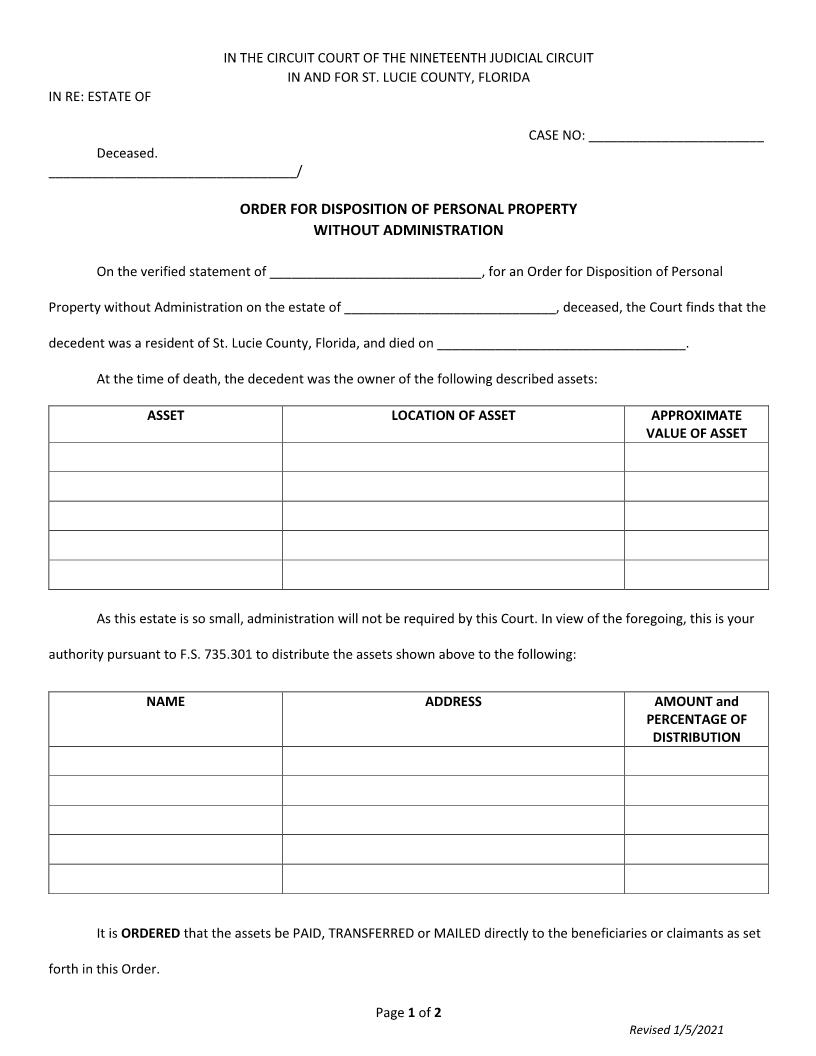 Order For Disposition Of Personal Property Without Administration | Pdf Fpdf Docx | Florida