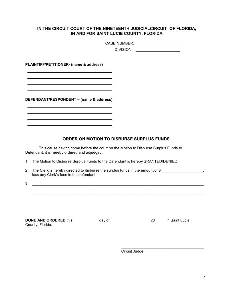 Order On Motion To Disburse Surplus Funds | Pdf Fpdf Docx | Florida