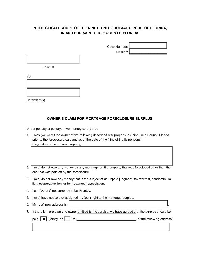 Owners Claim For Mortgage Foreclosure Surplus | Pdf Fpdf Docx | Florida