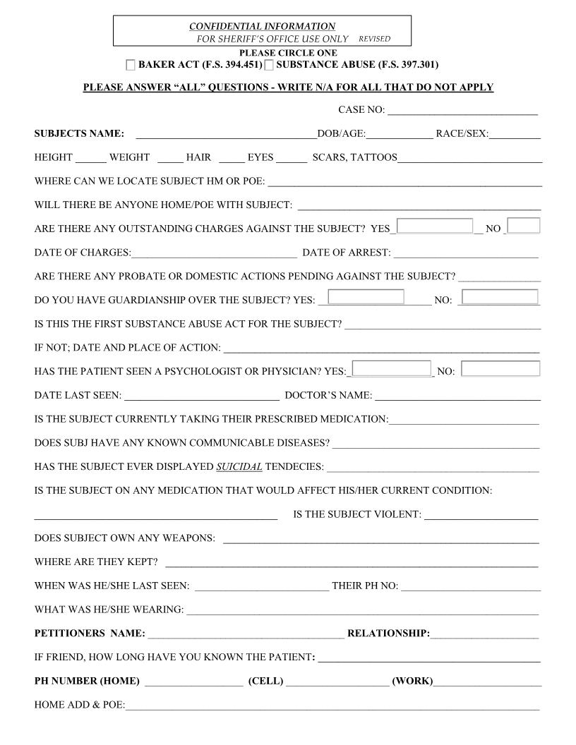 Petition And Affidavit Seeking Ex Parte Order Requiring Involuntary Examination | Pdf Fpdf Docx | Florida