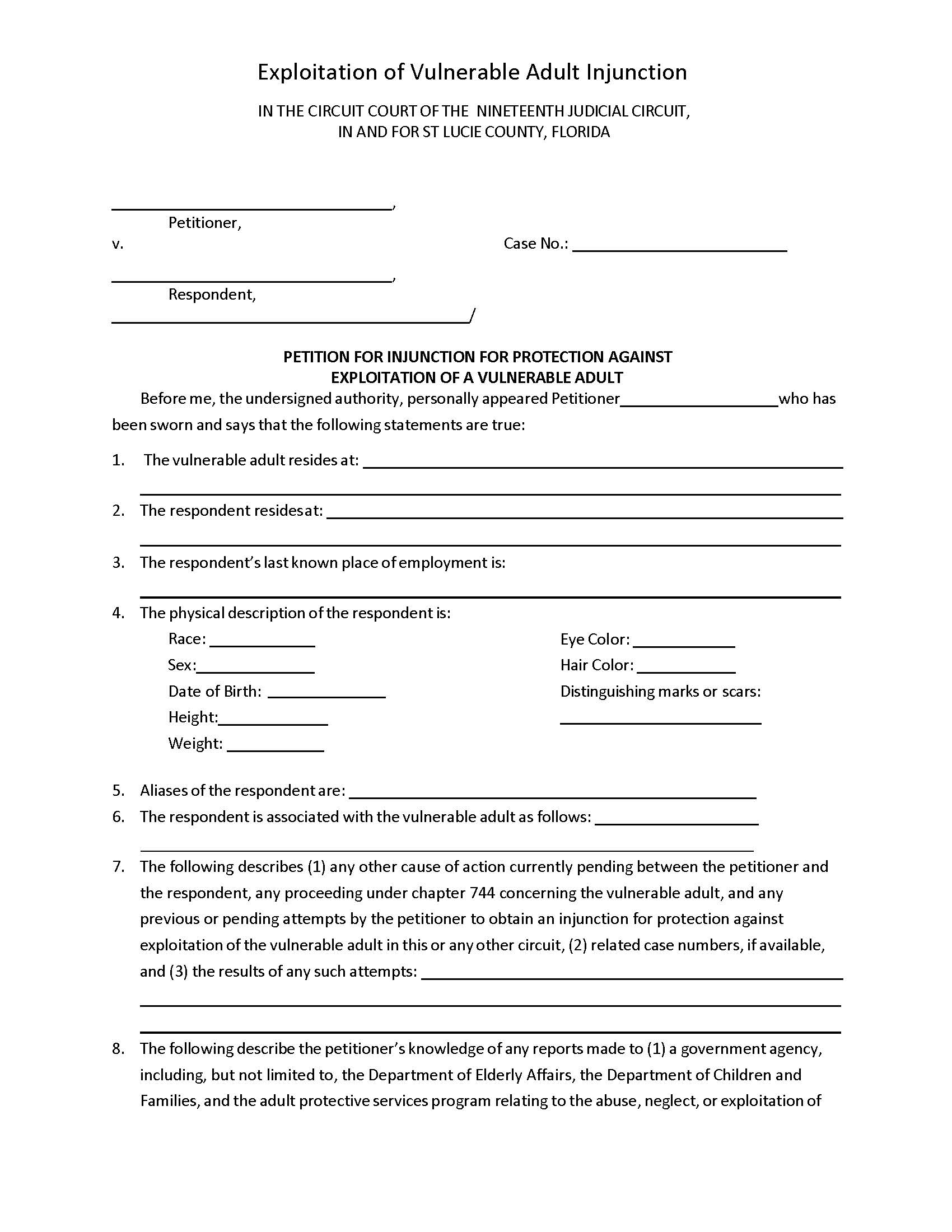Petition For Injunction For Protection Against Exploitation Of Vulnerable Adult | Pdf Fpdf Docx | Florida