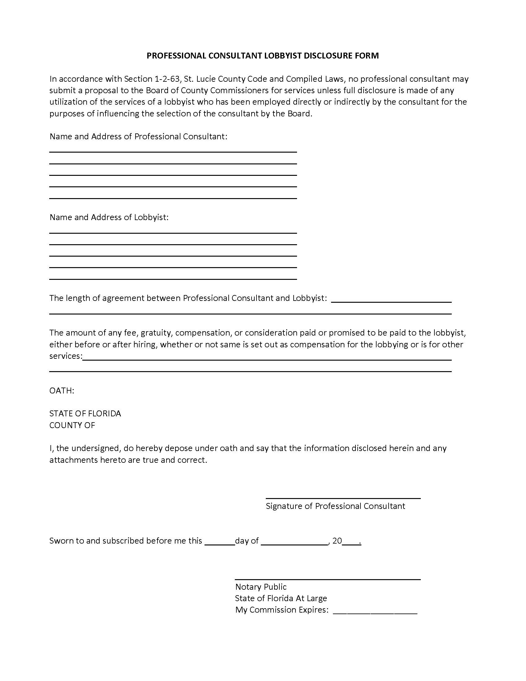 Professional Consultant Lobbyist Disclosure Form | Pdf Fpdf Docx | Florida