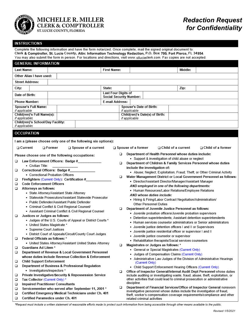 Redaction Request For Confidentiality | Pdf Fpdf Docx | Florida