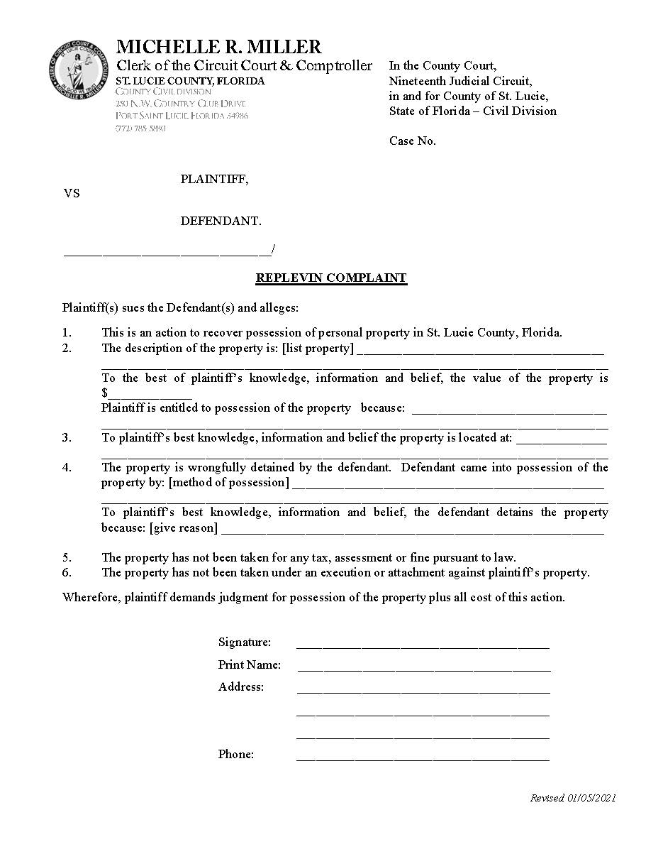 Replevin Complaint | Pdf Fpdf Doc Docx | Florida