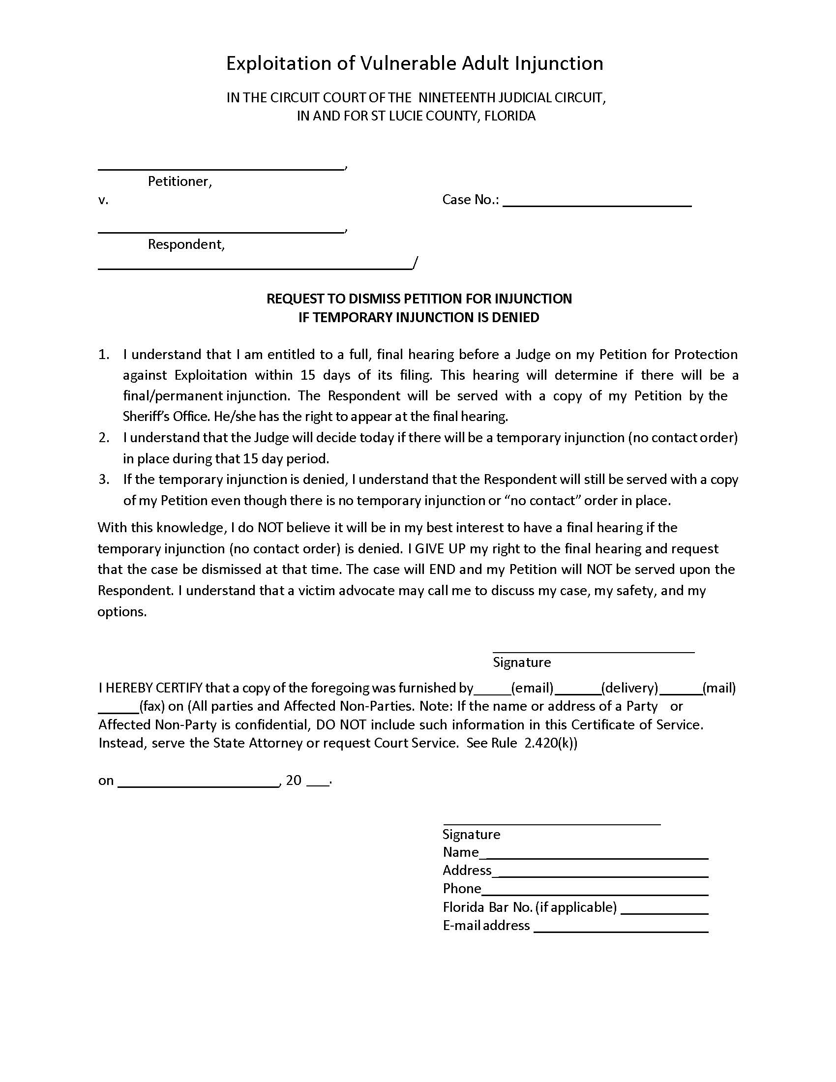 Request To Dismiss Petition For Injunction If Temporary Injunction Is Denied | Pdf Fpdf Docx | Florida
