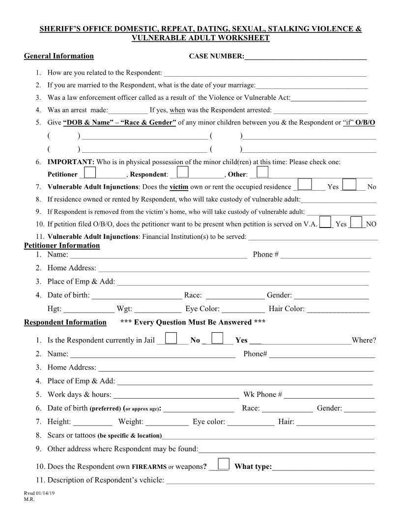Sheriffs Office Domestic Repeat Dating Sexual Stalking Violence Vulnerable Adult Worksheet | Pdf Fpdf Docx | Florida