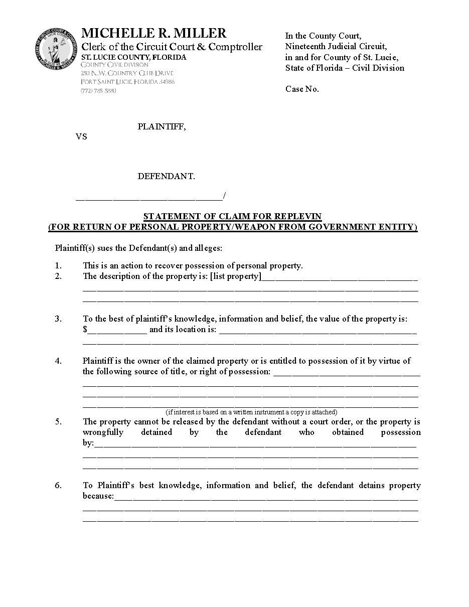Statement Of Claim For Replevin (Return Of Property Government Entity) | Pdf Fpdf Doc Docx | Florida