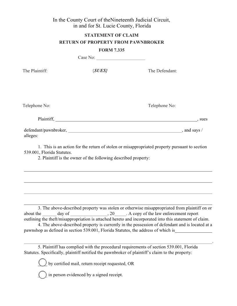 Statement Of Claim For Return Of Property (Replevin-Pawnbroker) | Pdf Fpdf Doc Docx | Florida