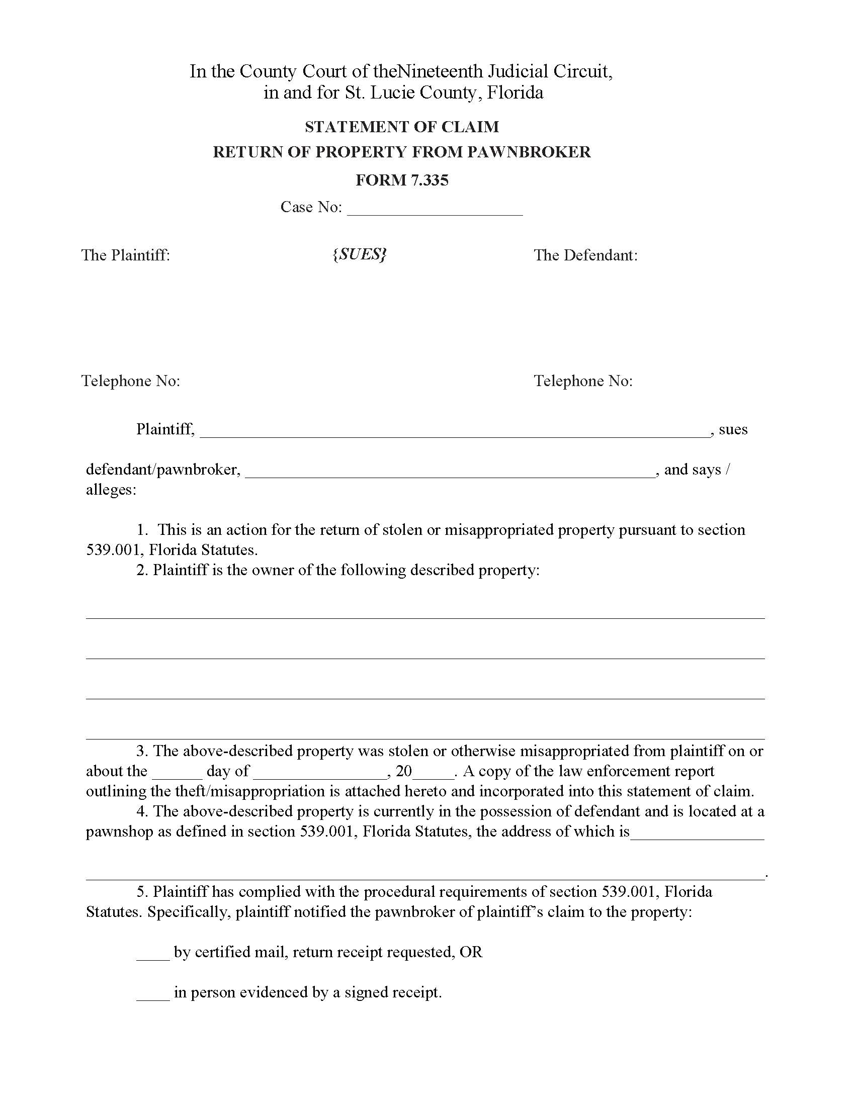 Statement Of Claim Return Of Property From Pawnbroker {FORM 7.335} | Pdf Fpdf Doc Docx | Florida