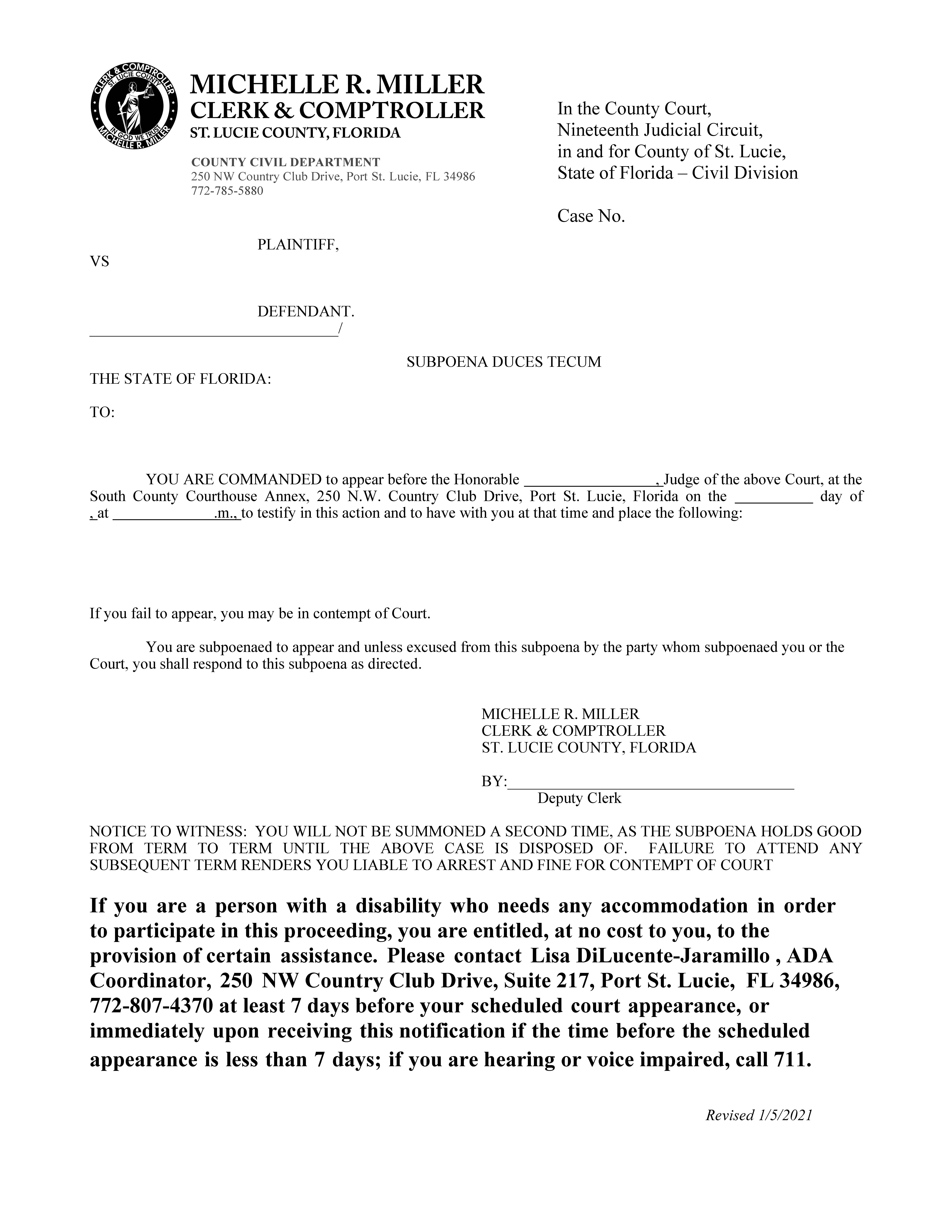 Subpoena Duces Tecum | Pdf Fpdf Docx | Florida