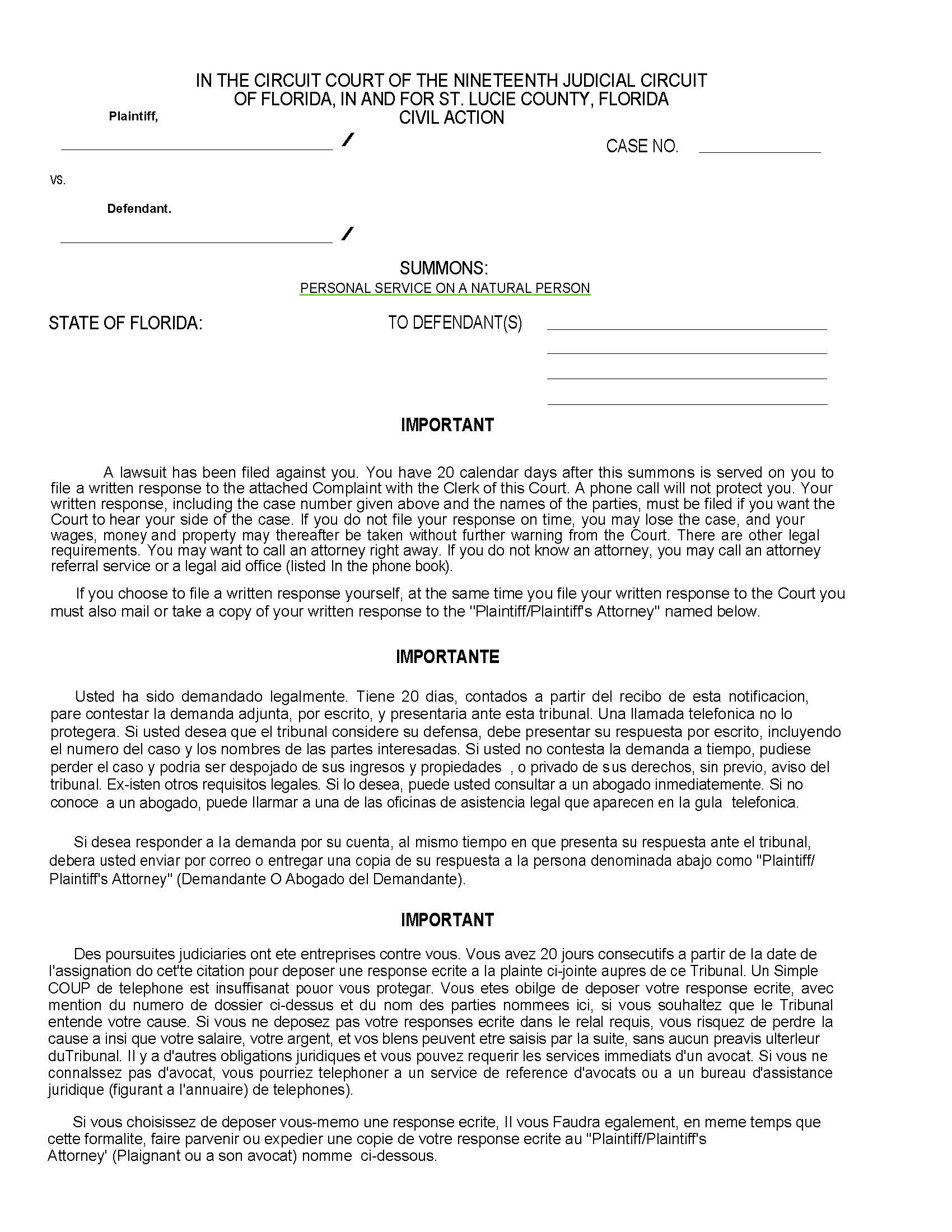 Summons - Personal Service On Natural Person | Pdf Fpdf Doc Docx | Florida