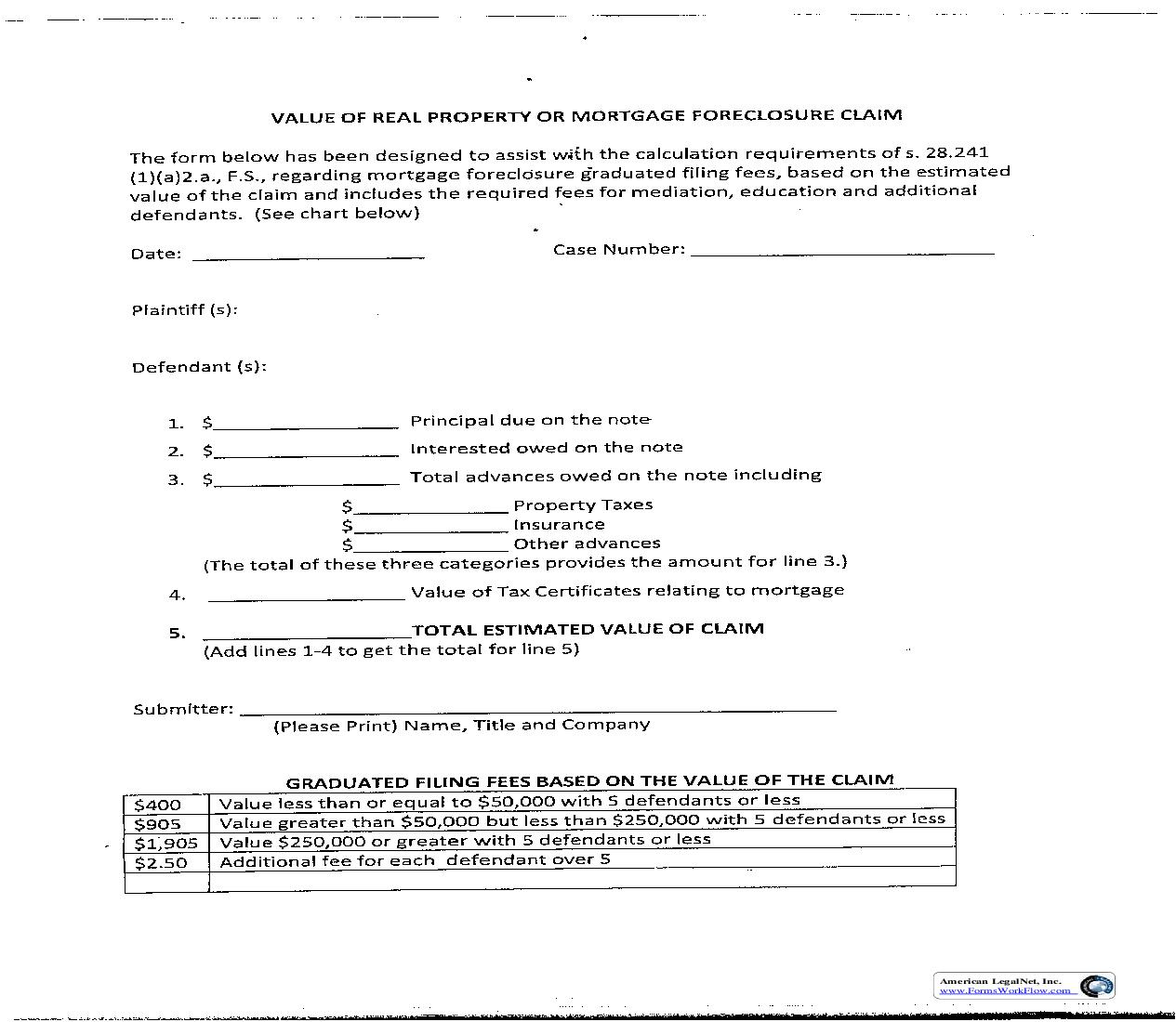 Value of Real Property Or Mortgage Foreclosure Claim | Pdf Fpdf Doc Docx | Florida