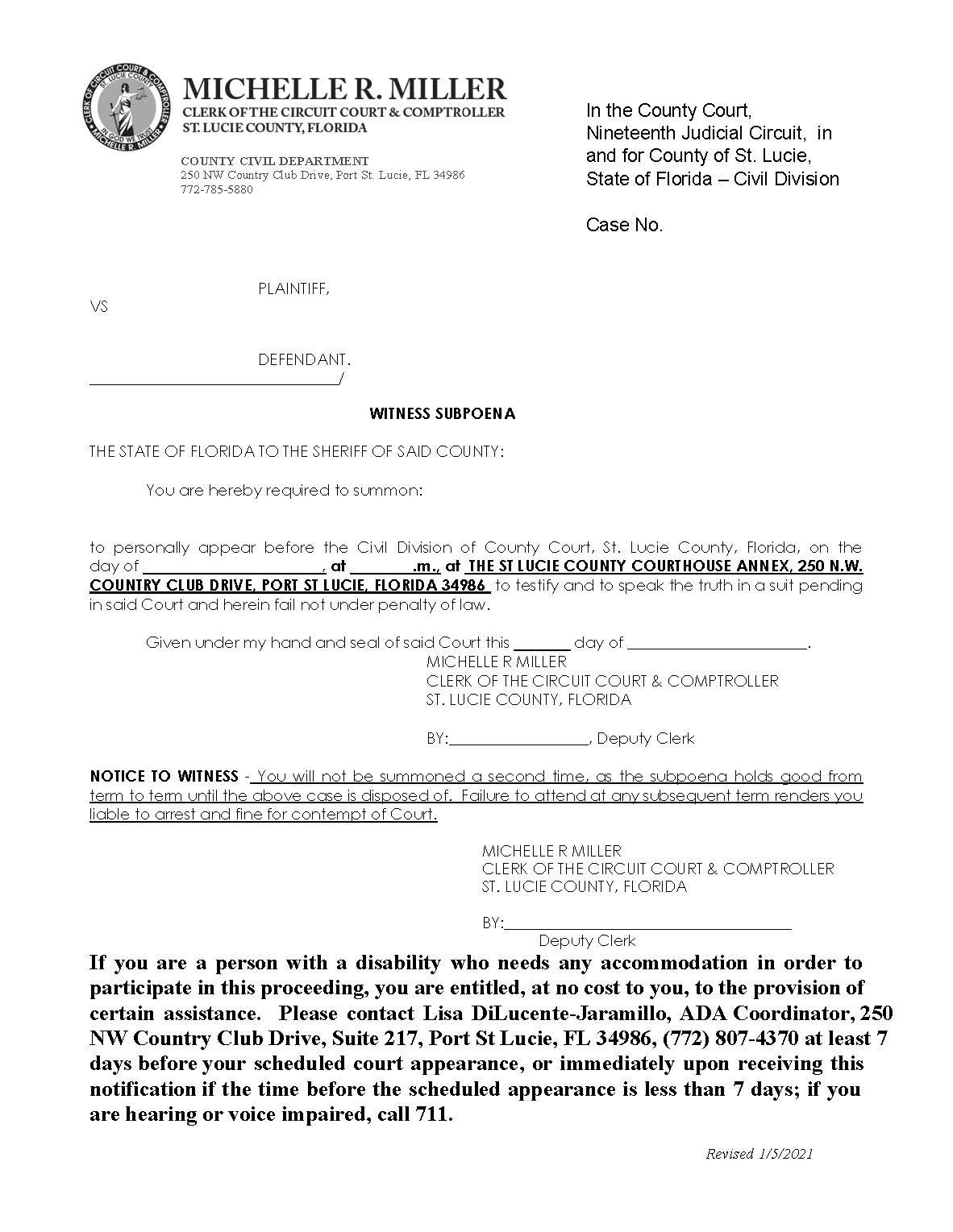 Witness Subpoena | Pdf Fpdf Docx | Florida