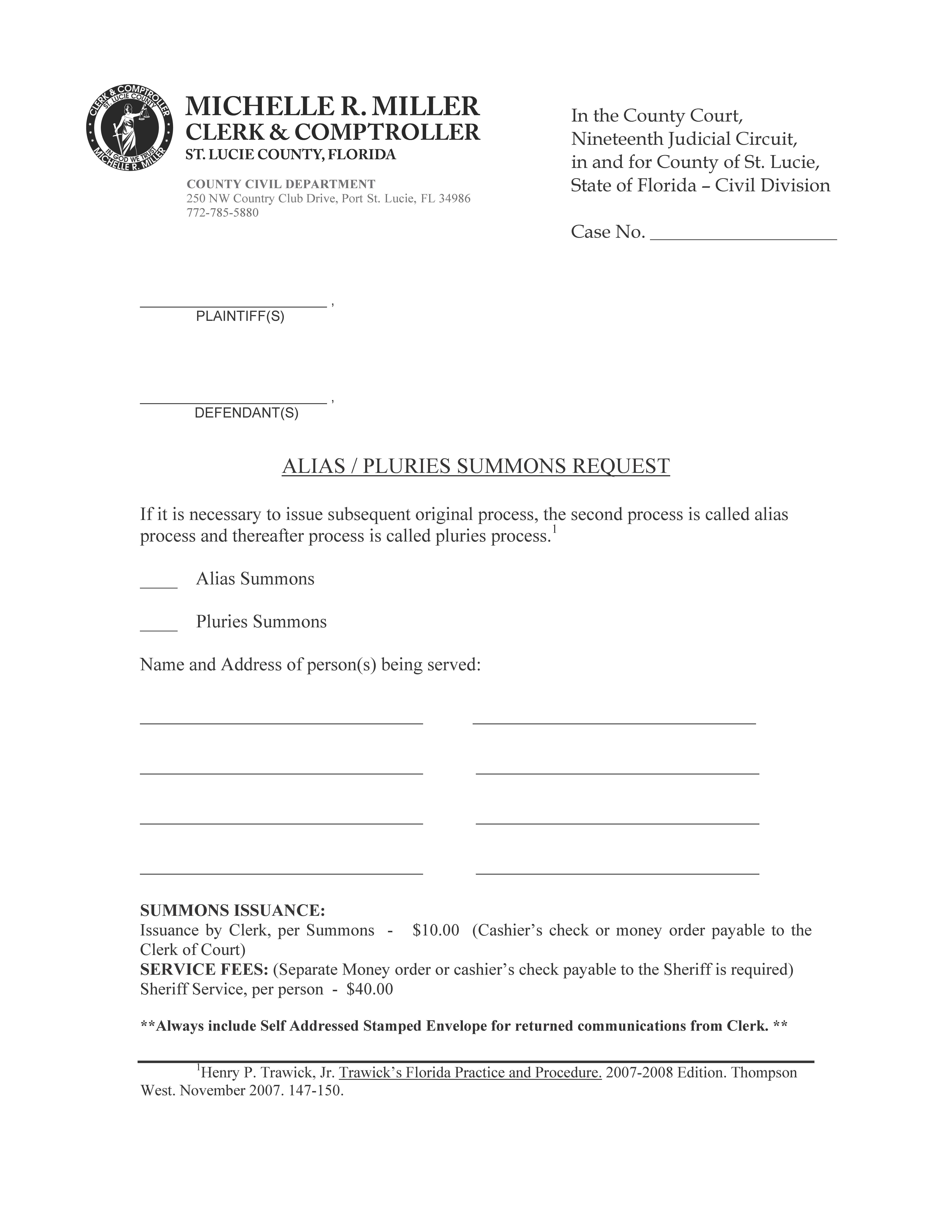Alias-Pluries Summons Request | Pdf Fpdf Doc Docx | Florida