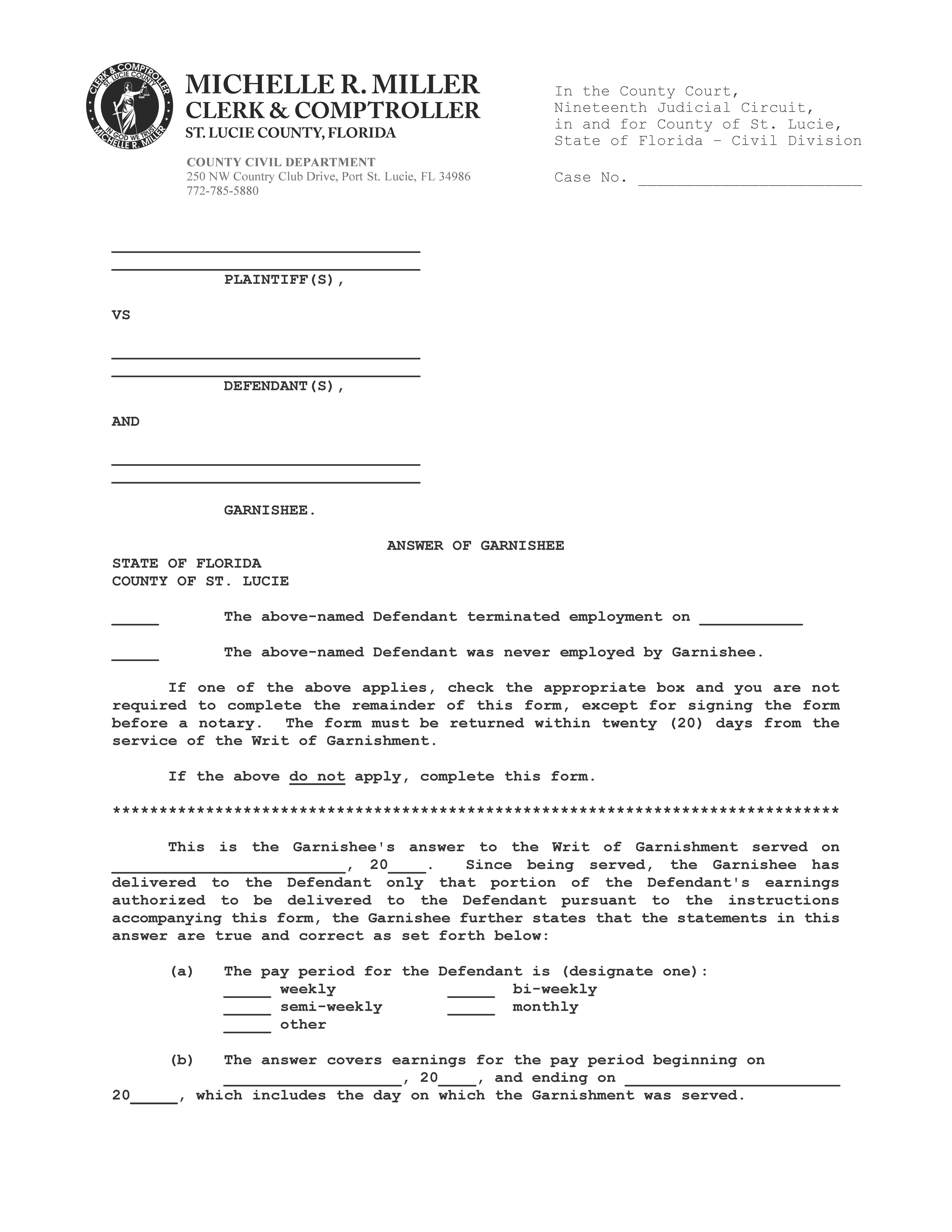 Answer Of Garnishee | Pdf Fpdf Doc Docx | Florida