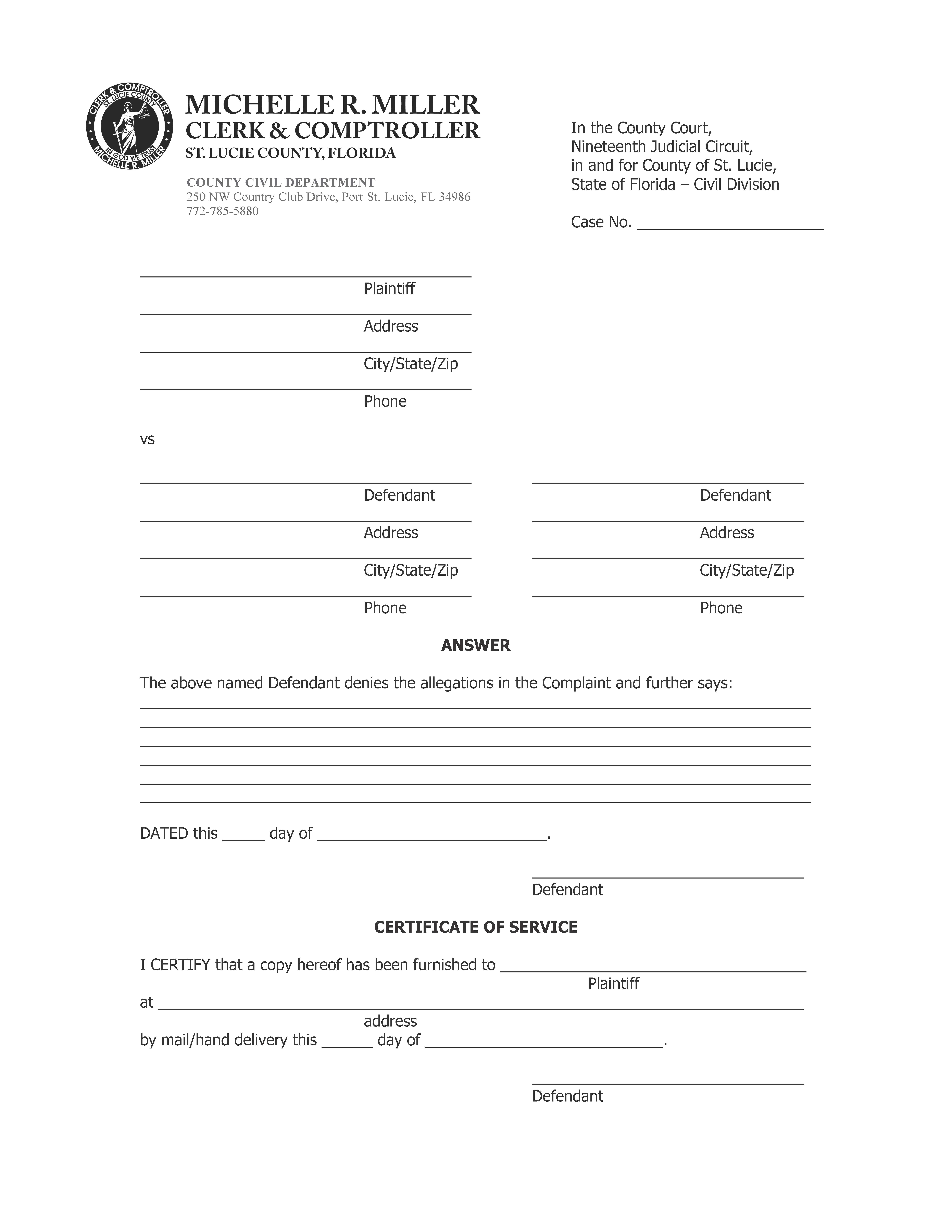 Answer To Complaint | Pdf Fpdf Doc Docx | Florida