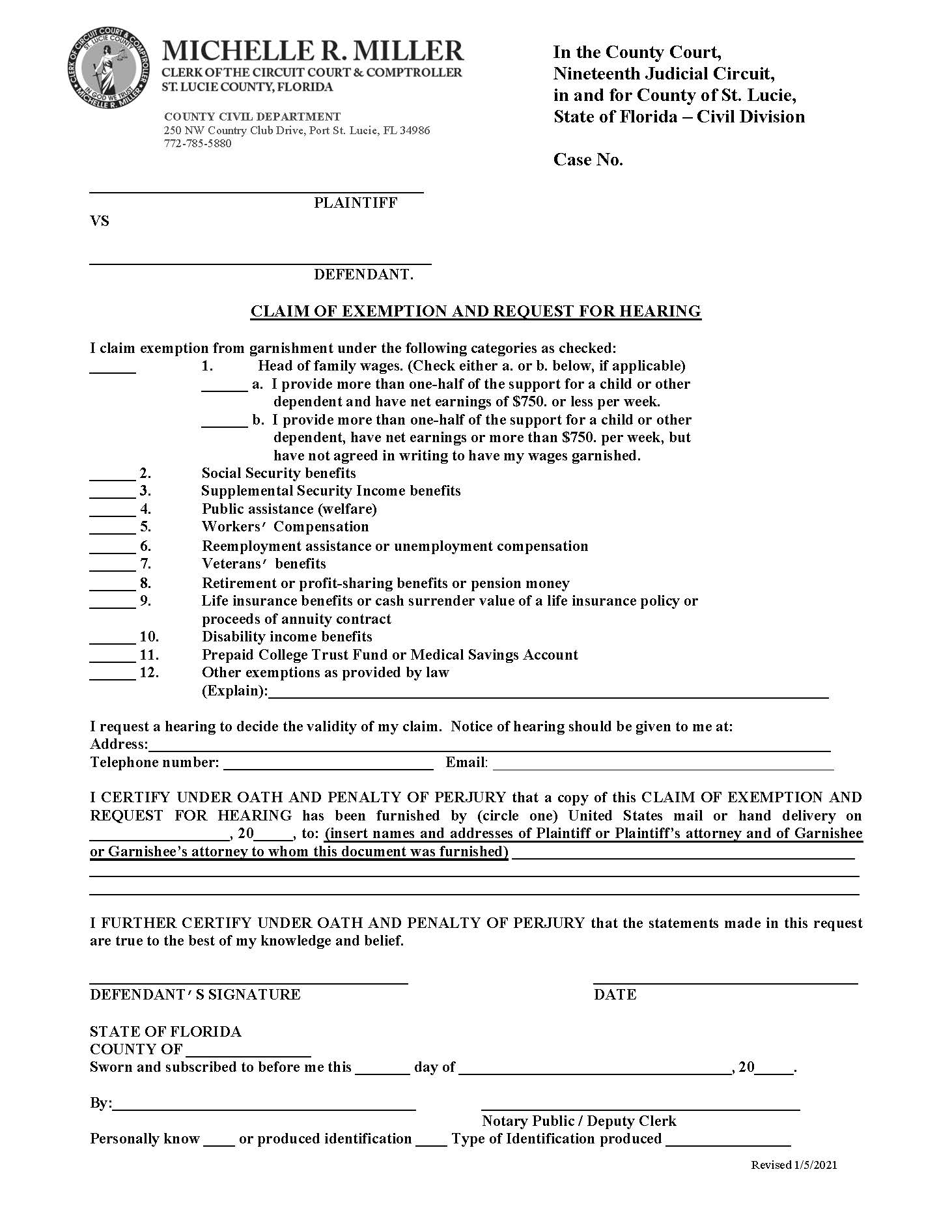 Claim Of Exemption And Request For Hearing | Pdf Fpdf Doc Docx | Florida