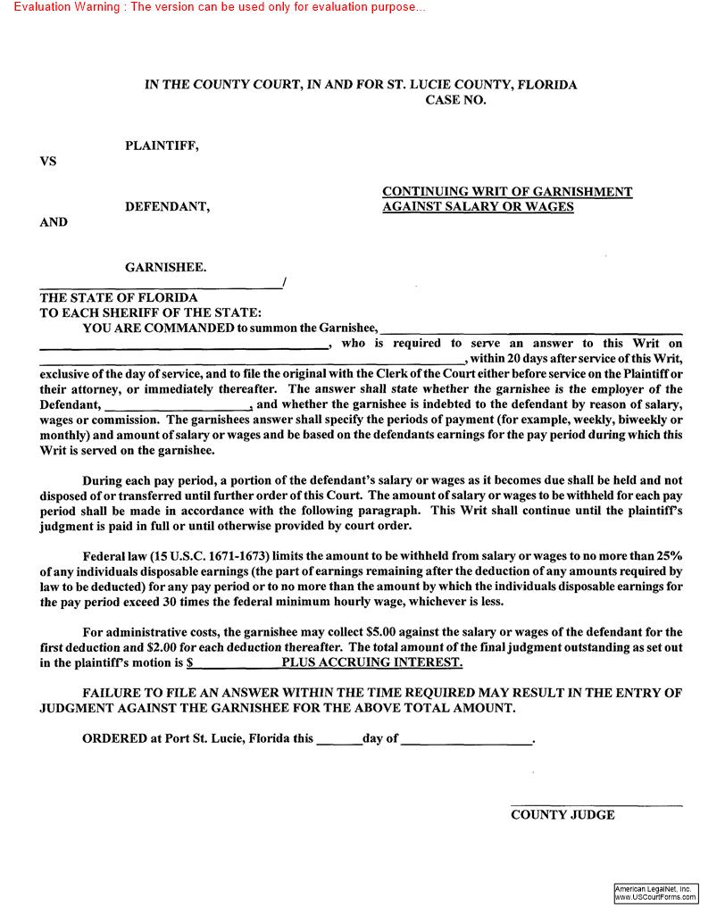 Continuing Writ Of Garnishment Against Salary Or Wages | Pdf Fpdf Doc Docx | Florida