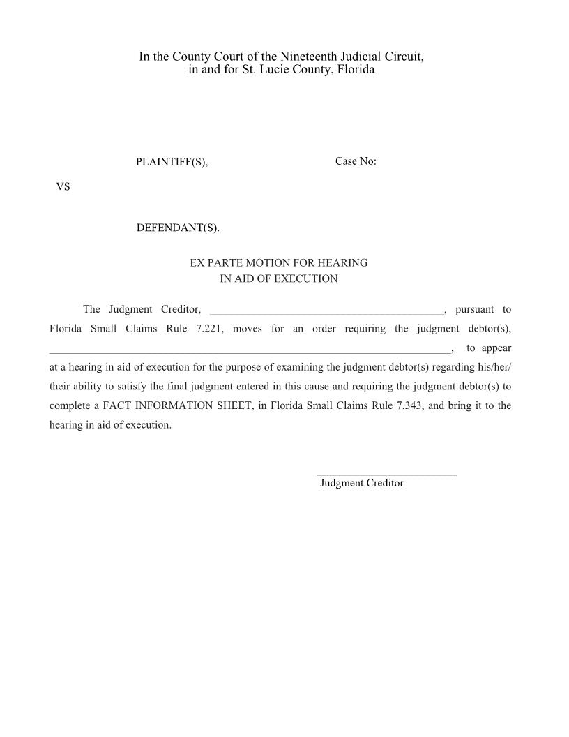 Ex Parte Motion For Hearing In Aid Of Execution | Pdf Fpdf Doc Docx | Florida