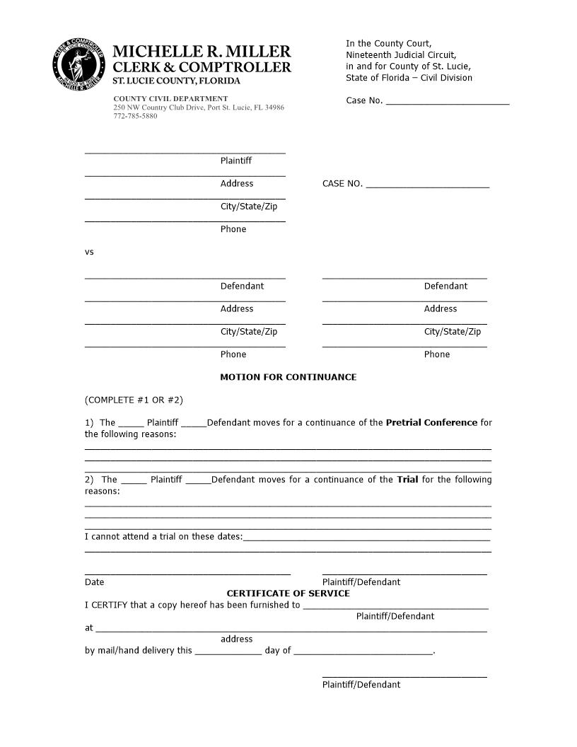 Motion For Continuance | Pdf Fpdf Doc Docx | Florida