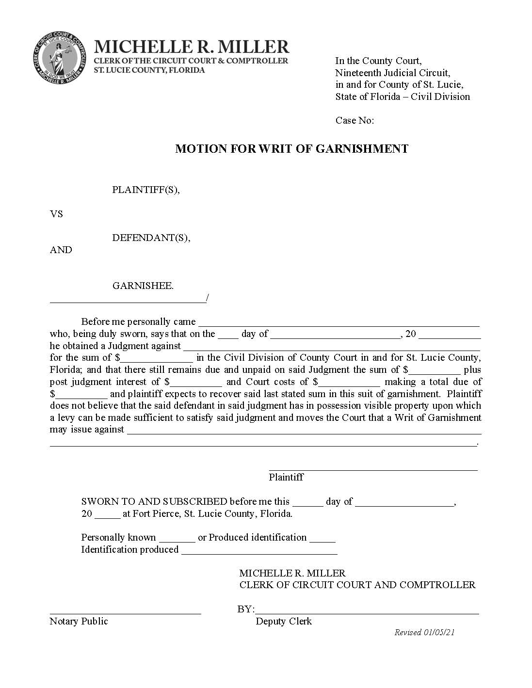 Motion For Writ Of Garnishment | Pdf Fpdf Doc Docx | Florida