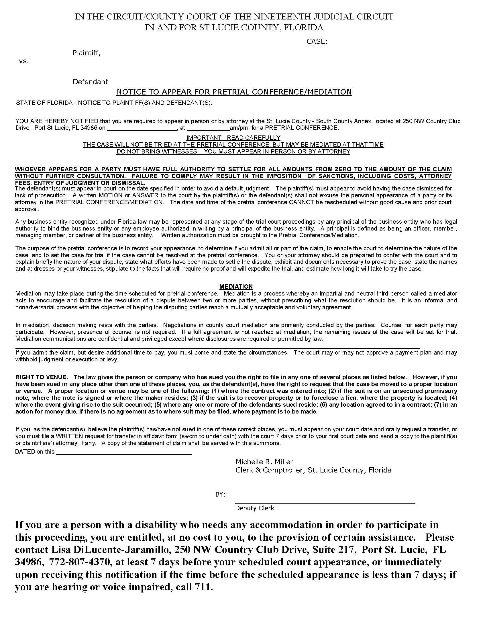 Notice To Appear For Pretrial Conference-Mediation | Pdf Fpdf Doc Docx | Florida