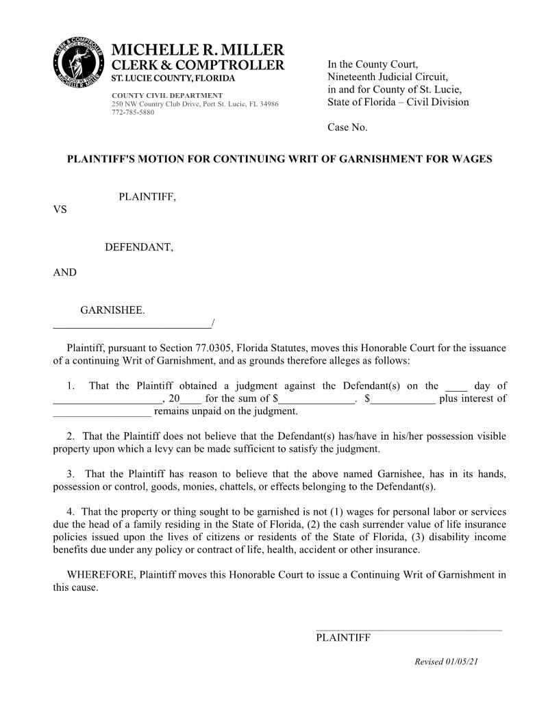 Plaintiffs Motion For Continuing Writ Of Garnishment For Wages | Pdf Fpdf Doc Docx | Florida