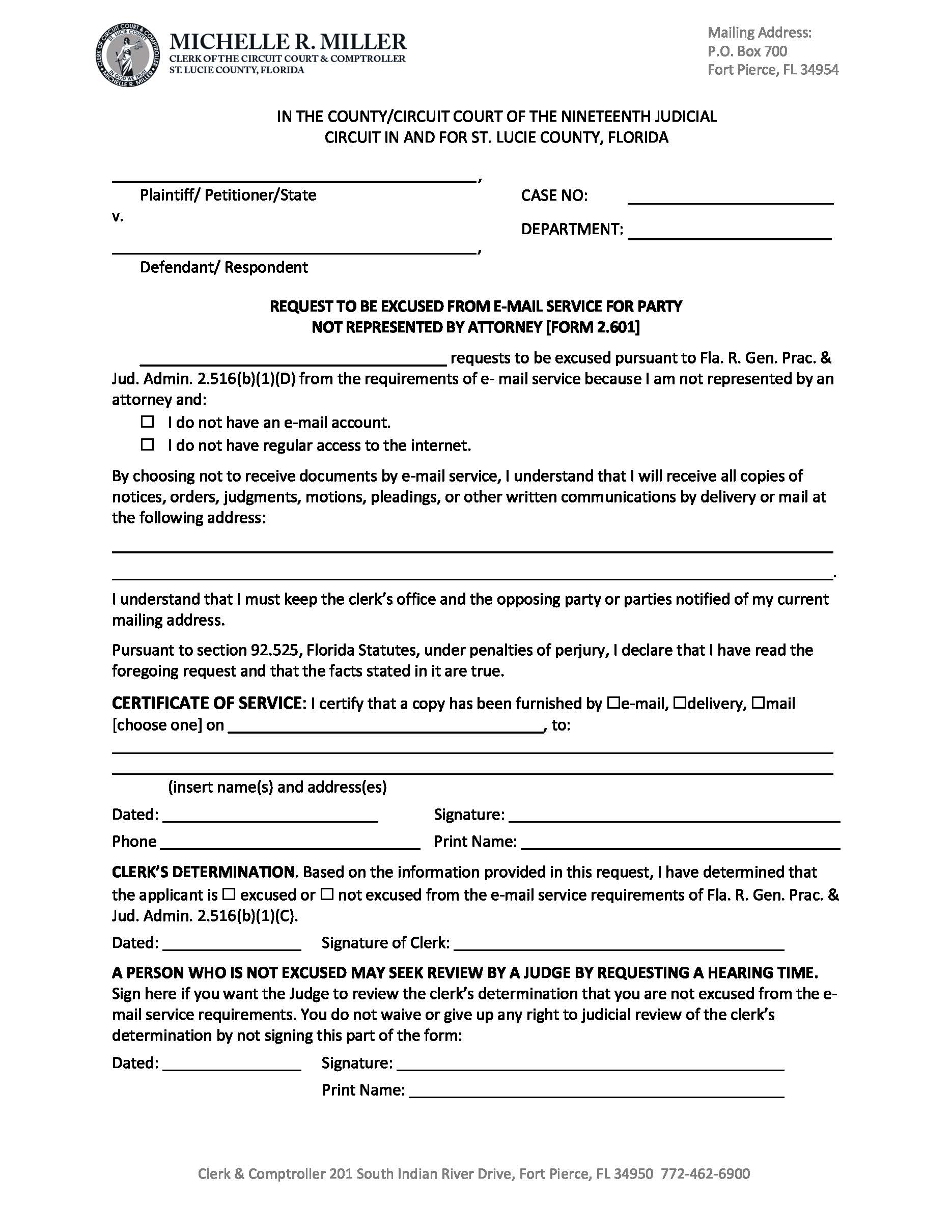 Request To Be Excused From Email Service | Pdf Fpdf Docx | Florida