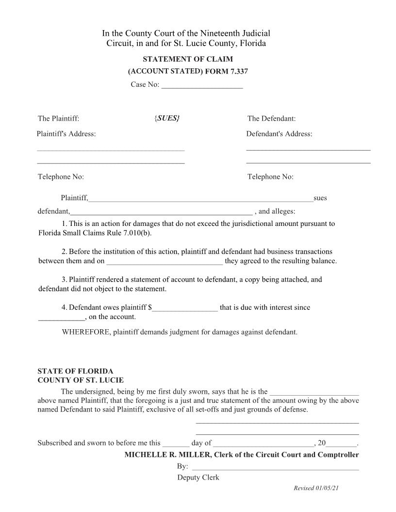 Statement Of Claim (Account Stated) {Form 7.337} | Pdf Fpdf Docx | Florida