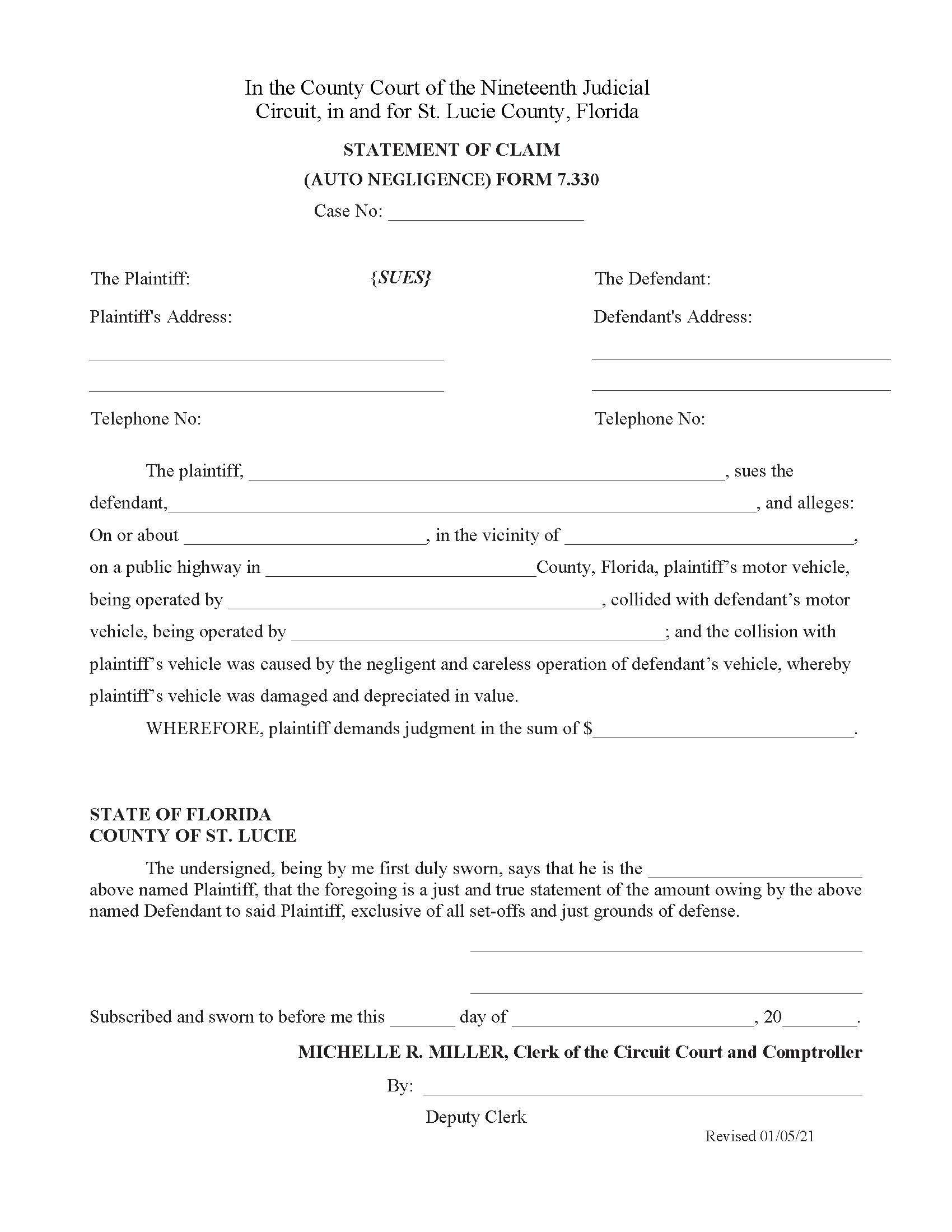 Statement Of Claim (Auto Negligence) {Form 7.330} | Pdf Fpdf Doc Docx | Florida