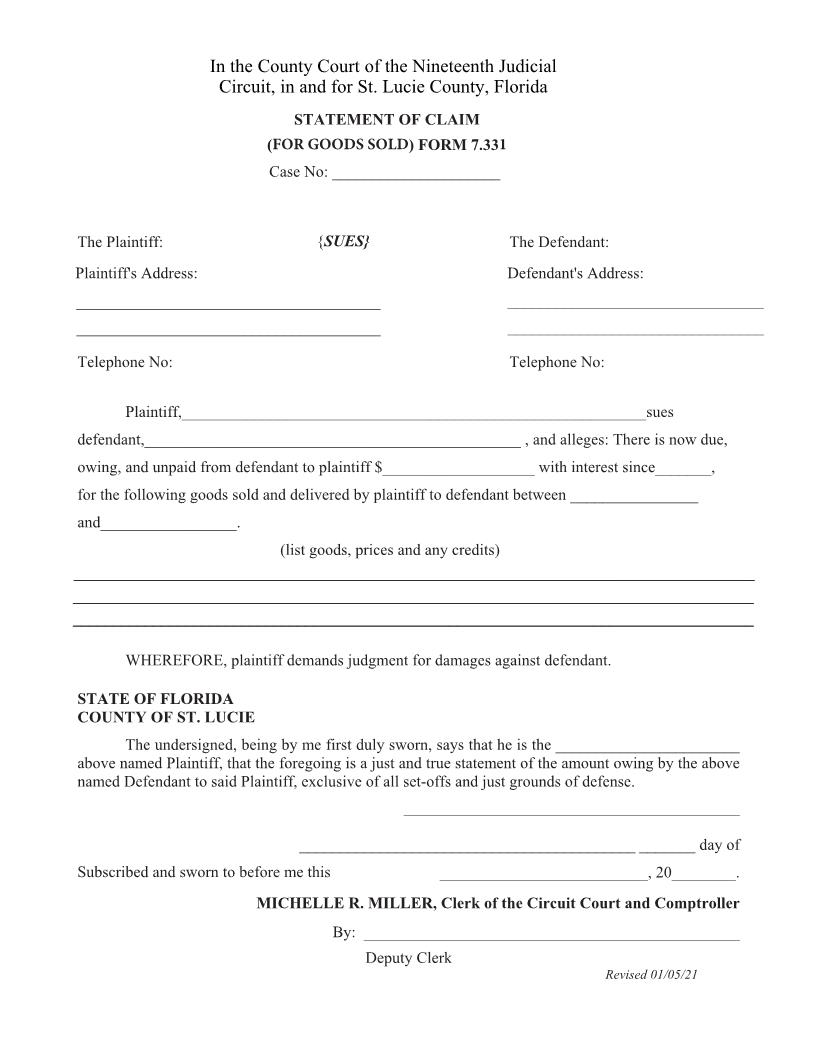 Statement Of Claim (For Goods Sold) {Form 7.331} | Pdf Fpdf Docx | Florida
