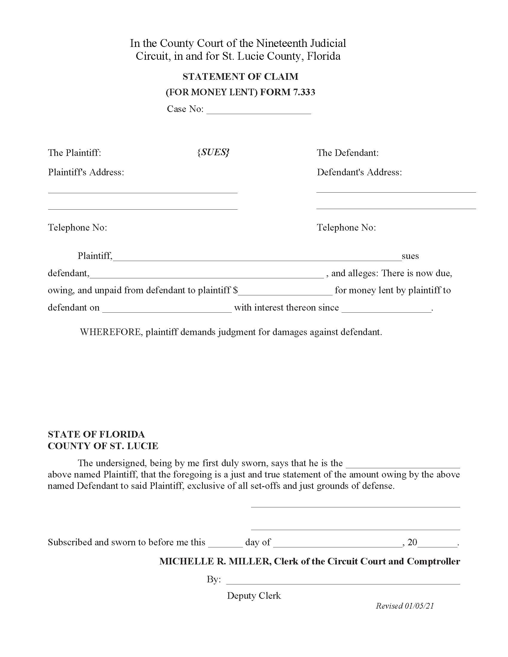 Statement Of Claim (For Money Lent) {Form 7.333} | Pdf Fpdf Docx | Florida