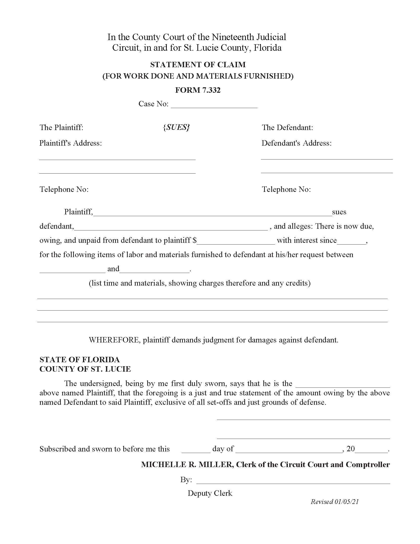 Statement Of Claim (For Work Done And Materials Furnished) {Form 7.332} | Pdf Fpdf Docx | Florida