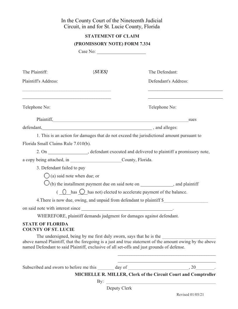 Statement Of Claim (Promissory Note) {Form 7.334} | Pdf Fpdf Docx | Florida
