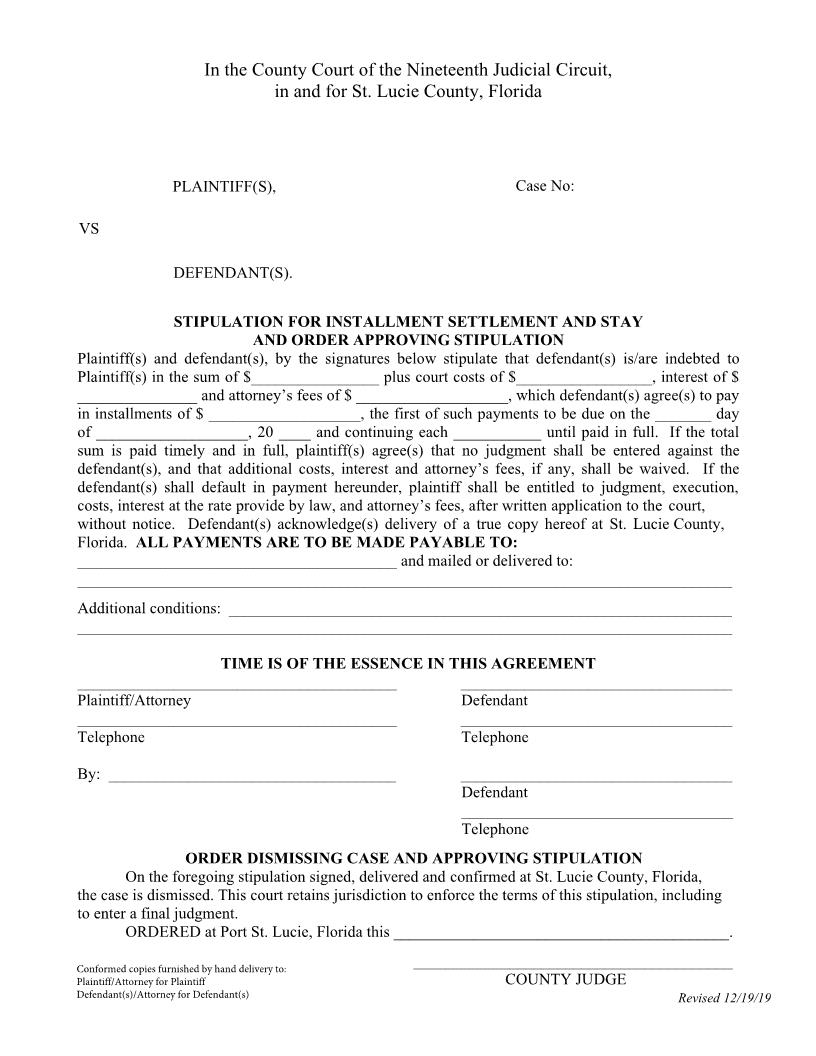 Stipulation For Installment Settlement And Stay On Order Approving Stipulation | Pdf Fpdf Doc Docx | Florida