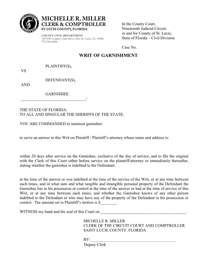 Writ Of Garnishment | Pdf Fpdf Doc Docx | Florida