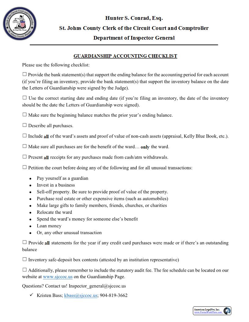 Guardianship Accounting Checklist | Pdf Fpdf Docx | Florida