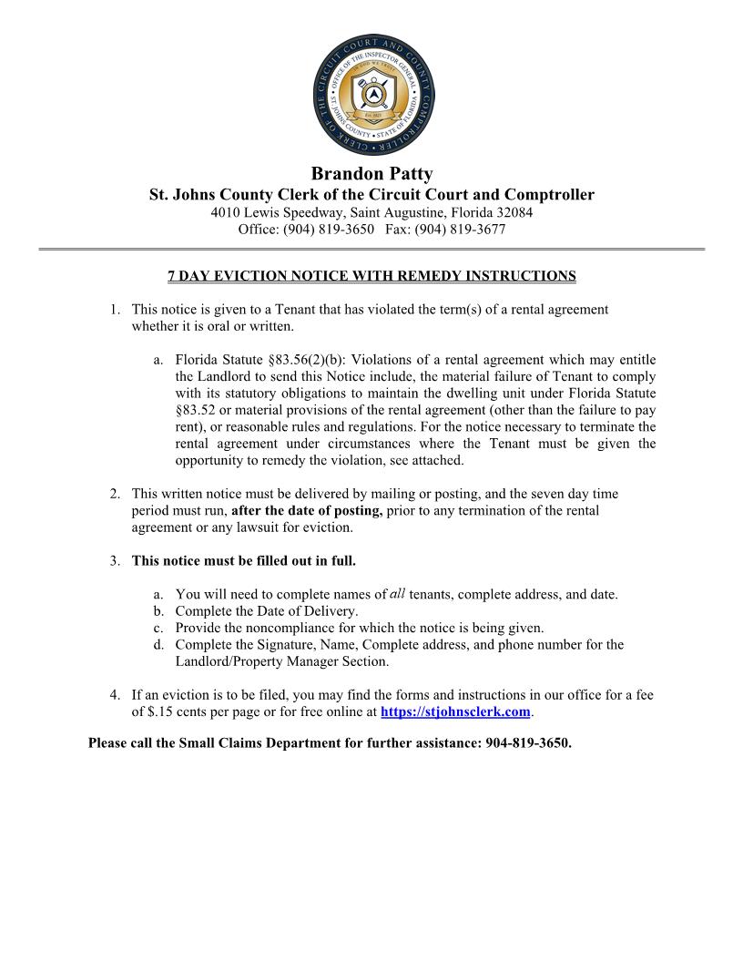 7 Day Notice Information Sheet With Remedy | Pdf Fpdf Docx | Florida