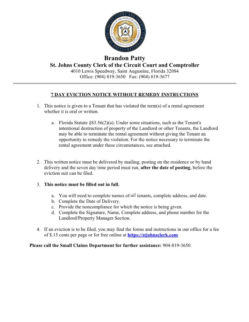 7 Day Notice Information Sheet Without Remedy | Pdf Fpdf Docx | Florida